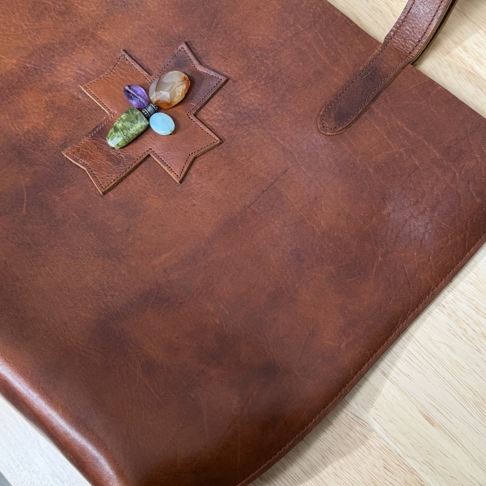 Two Bar West Leather Tote Bag Brown Southwestern Cross Stone Boho Western Purse - Picture 9 of 16